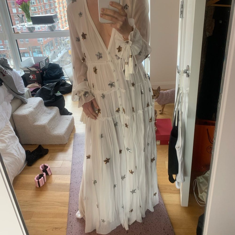 Rococo Sand White Sequin Star Tiered Maxi Dress - XS